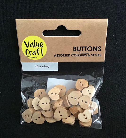 Wooden Buttons Natural - Hearts - 12mm - 40 pk