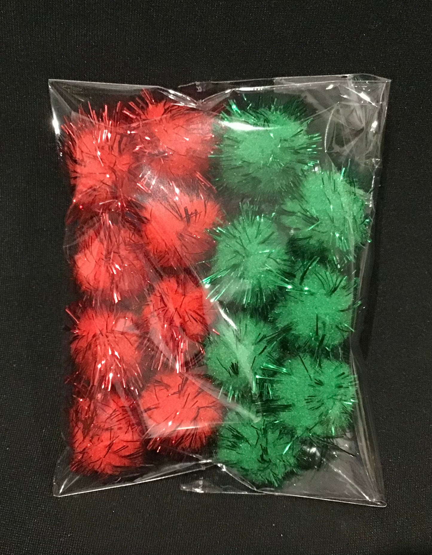 Tinsel Glitter Pom Poms - Red/Green - Pack of 15 - Size 25mm