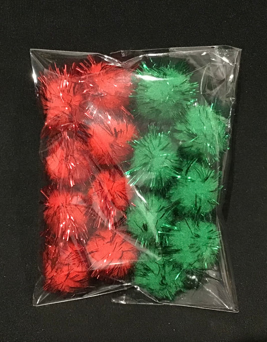 Tinsel Glitter Pom Poms - Red/Green - Pack of 15 - Size 25mm
