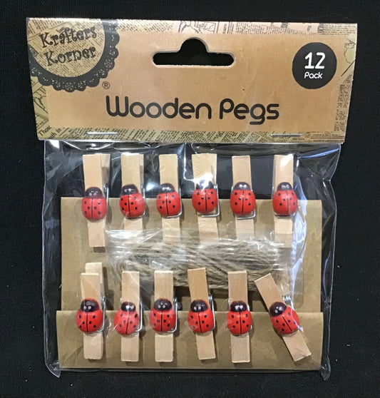 Wooden Pegs with Red Ladybirds - 12 pack