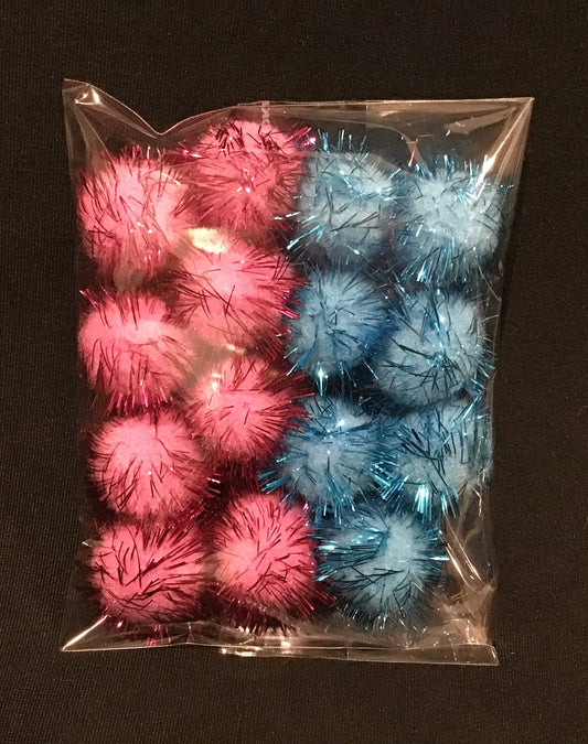 Tinsel Glitter Pom Poms - Pink/Blue - Pack of 15 - Size 25mm