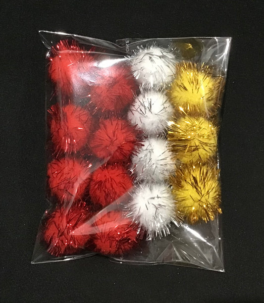 Tinsel Glitter Pom Poms - Red/Yellow/White - Pack of 15 - Size 25mm