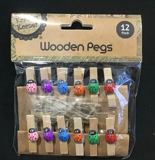 Wooden Pegs with Multi-Coloured Ladybirds - 12 pack