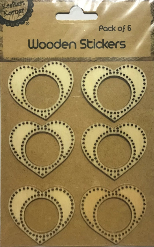 Wooden Stickers - Hearts with Dotted Edge - Pack of 6