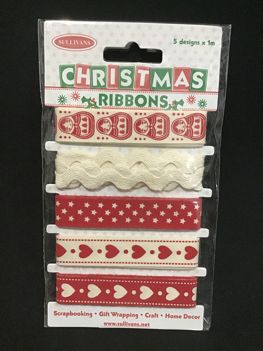 Christmas Ribbons - 5 Designs - 1m each - Red/Ivory