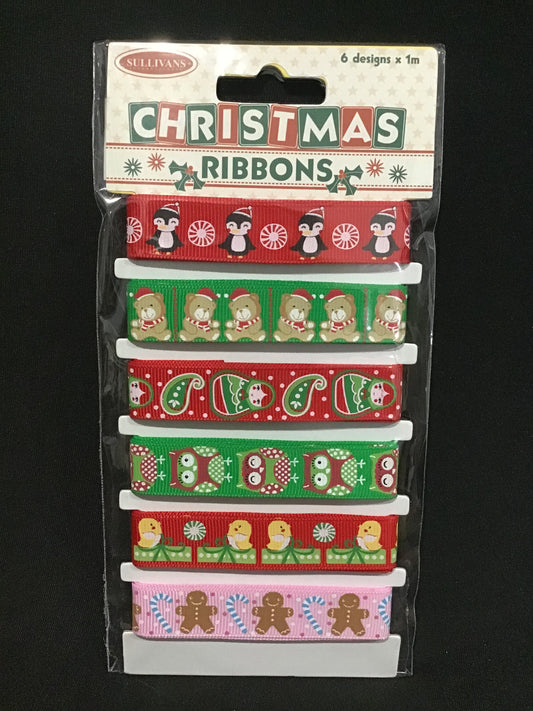 Christmas Ribbons - 6 Designs - 1m each - Christmas Colours