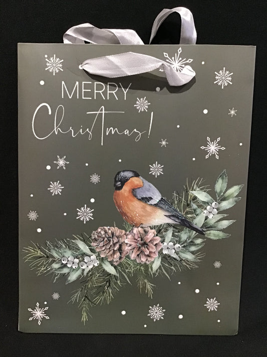 Christmas Gift Bag - Merry Christmas - Bird with Pine cones - 23x18x8cm