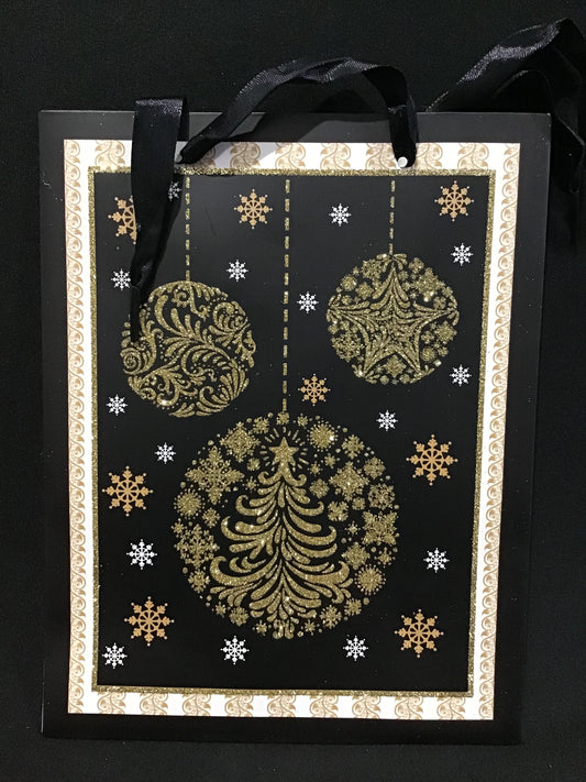 Christmas Gift Bag - Gold Glitter Baubles - 23x18x8cm