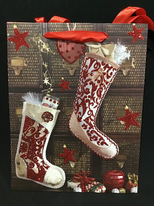 Christmas Gift Bag - Stockings with red Glitter - 23x18x8cm