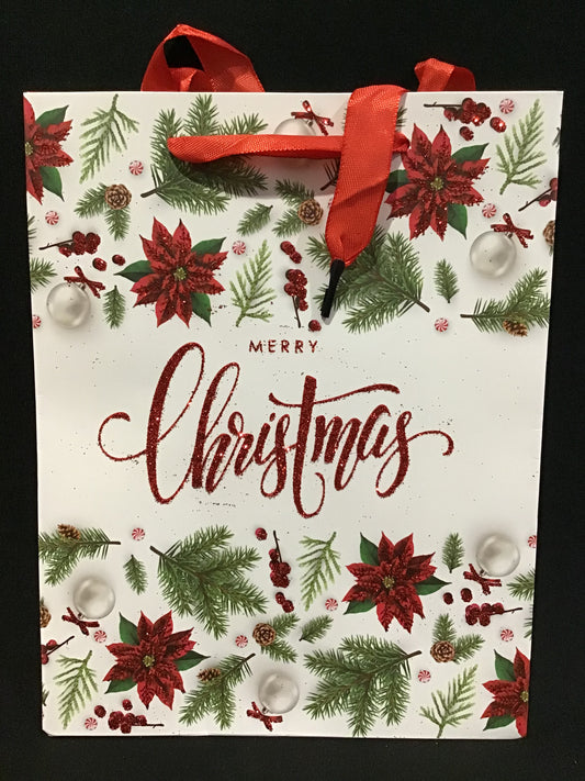 Christmas Gift Bag - Merry Christmas with Poinsettia - 23x18x8cm