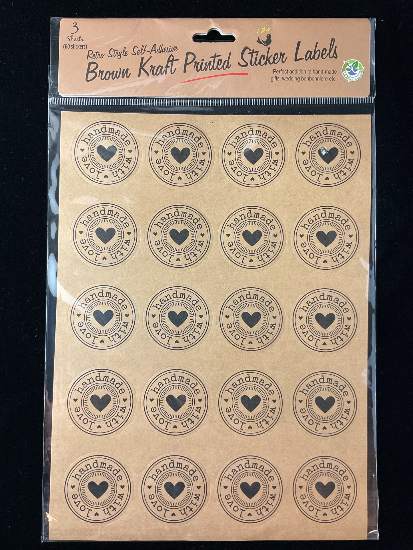 Brown Kraft Printed Stickers - Handmade with Love - 3 Sheets - 60 pk