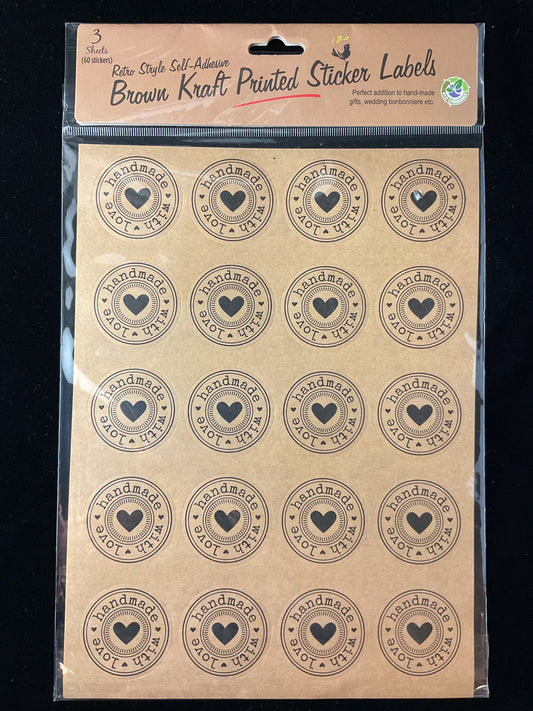 Brown Kraft Printed Stickers - Handmade with Love - 3 Sheets - 60 pk