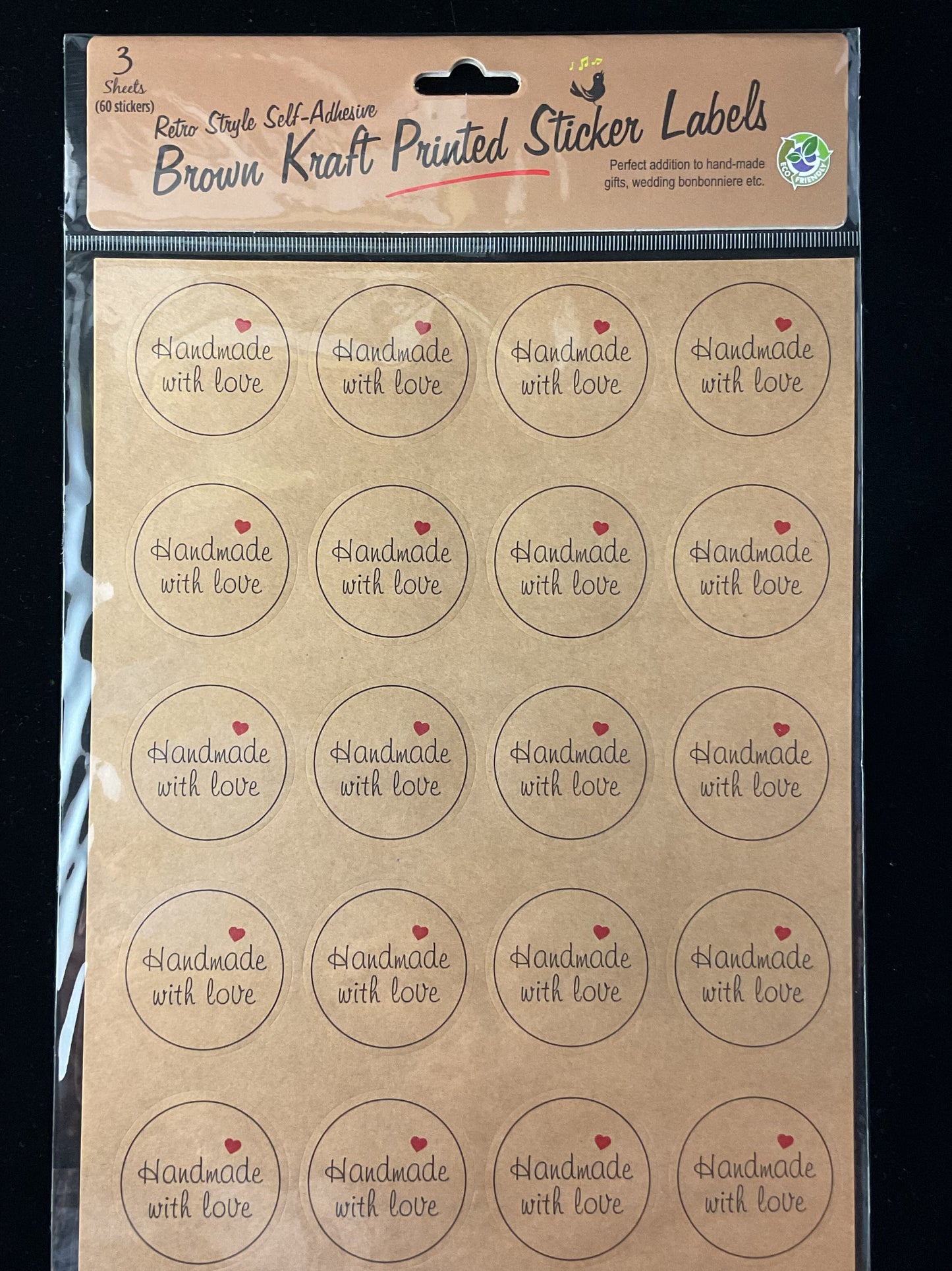 Brown Kraft Printed Stickers - Handmade with Love #2 - 3 Sheets - 60 pk