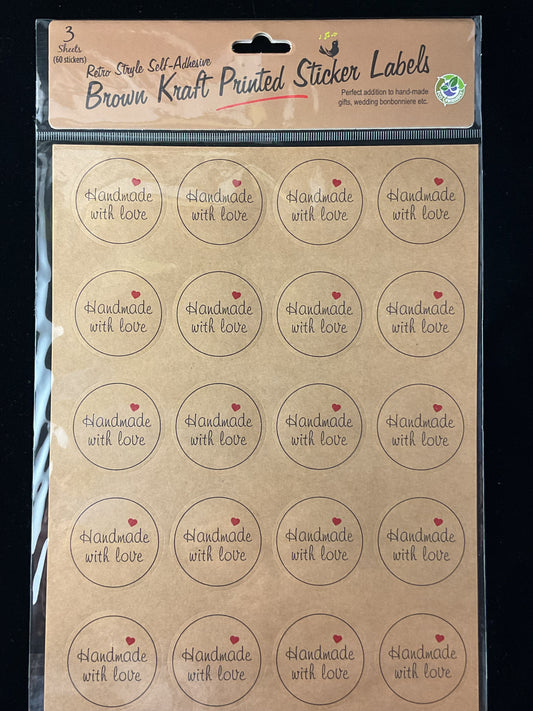 Brown Kraft Printed Stickers - Handmade with Love #2 - 3 Sheets - 60 pk