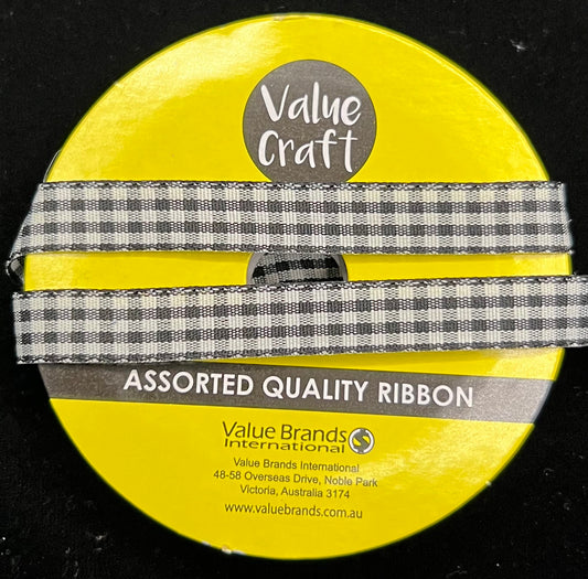 Gingham Ribbon - Black - 10mm x 3m