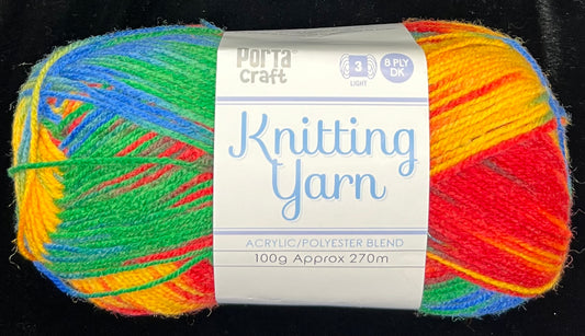 Knitting Yarn - 8 Ply - Multi Primary - 100g - Acrylic/Polyester Blend