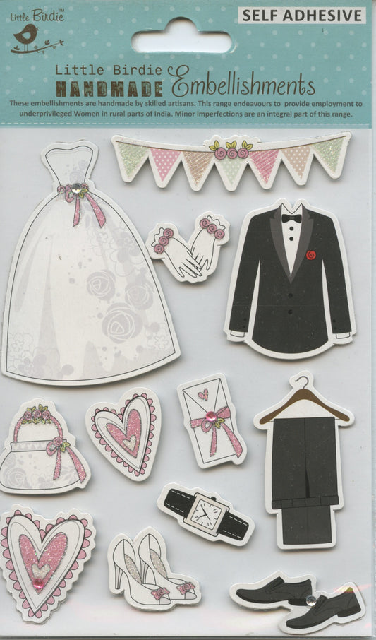 Little Birdie Handmade Embellishments Self/Adh - Bride and Groom - 12 pc
