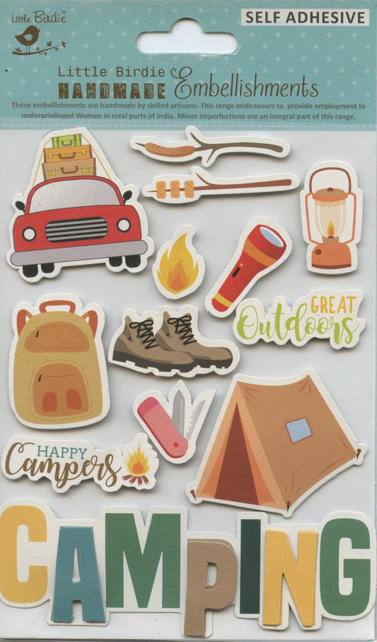Little Birdie Handmade Embellishments Self/Adh - Camping Theme - 13 pc