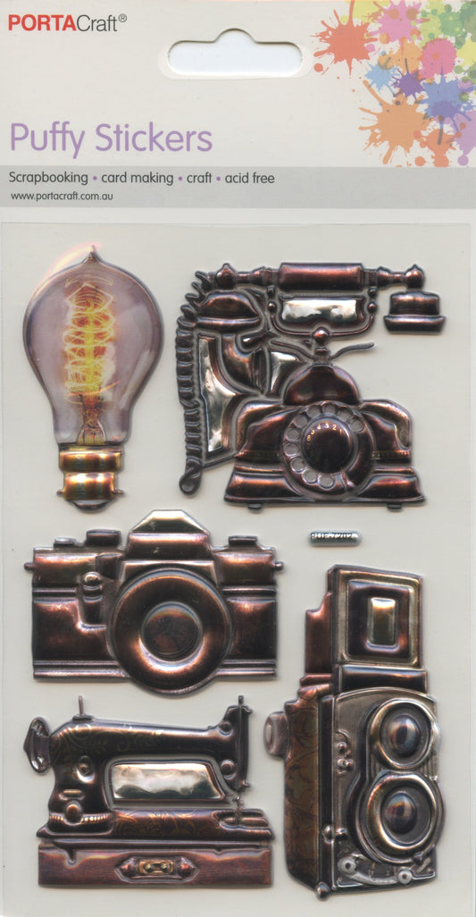 Puffy Stickers - Vintage Cameras/Telephone/Machine - 5 pk