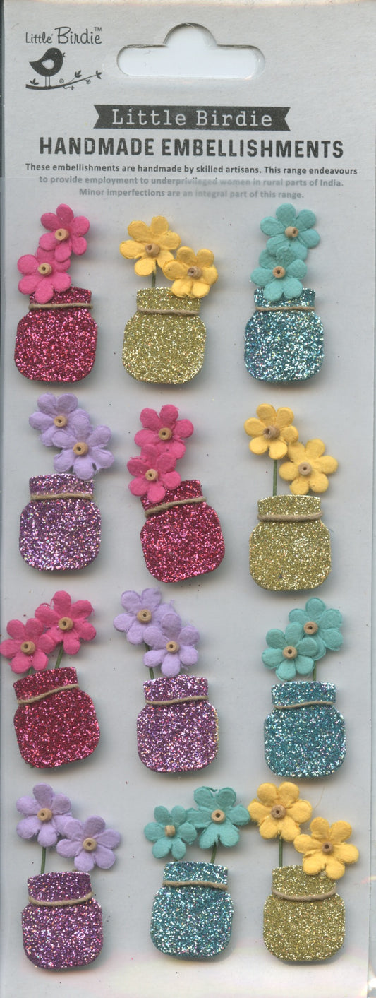 Little Birdie Embellishments - Self Adhesive - Mini Glitter Flower Vase - 12 pc