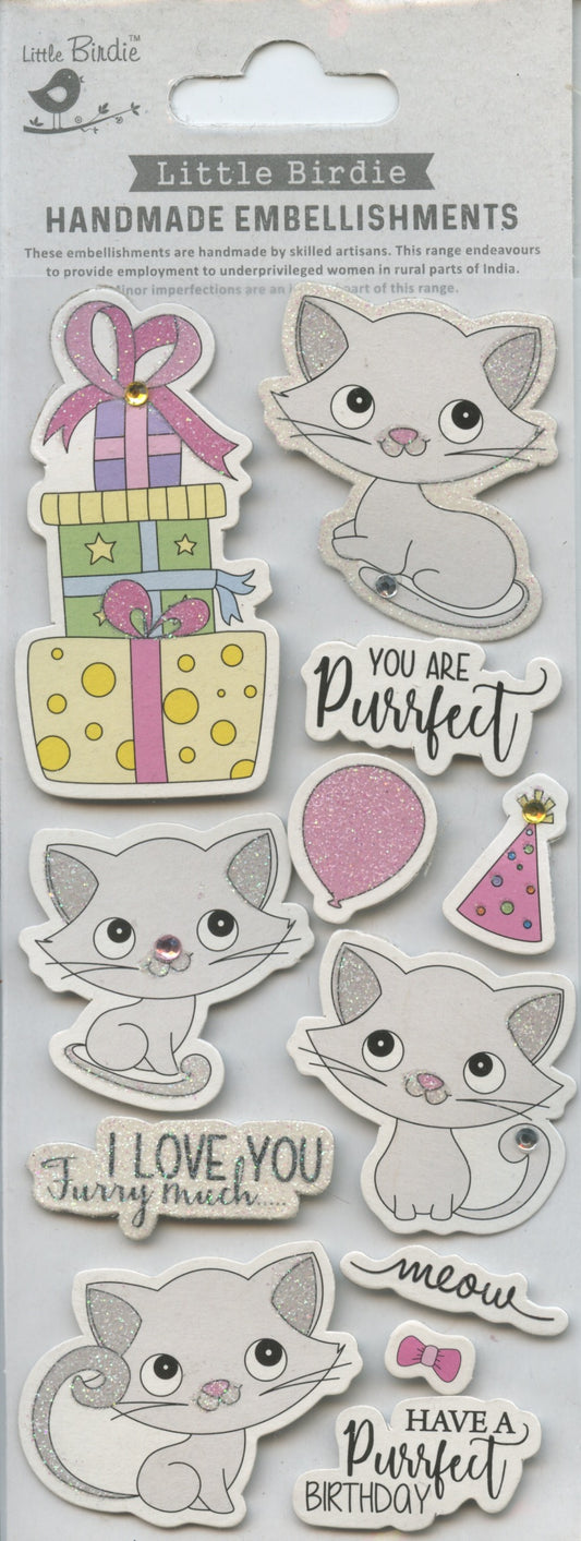 Little Birdie Handmade Embellishments Self Adhesive - Purrfect Birthday 12pc