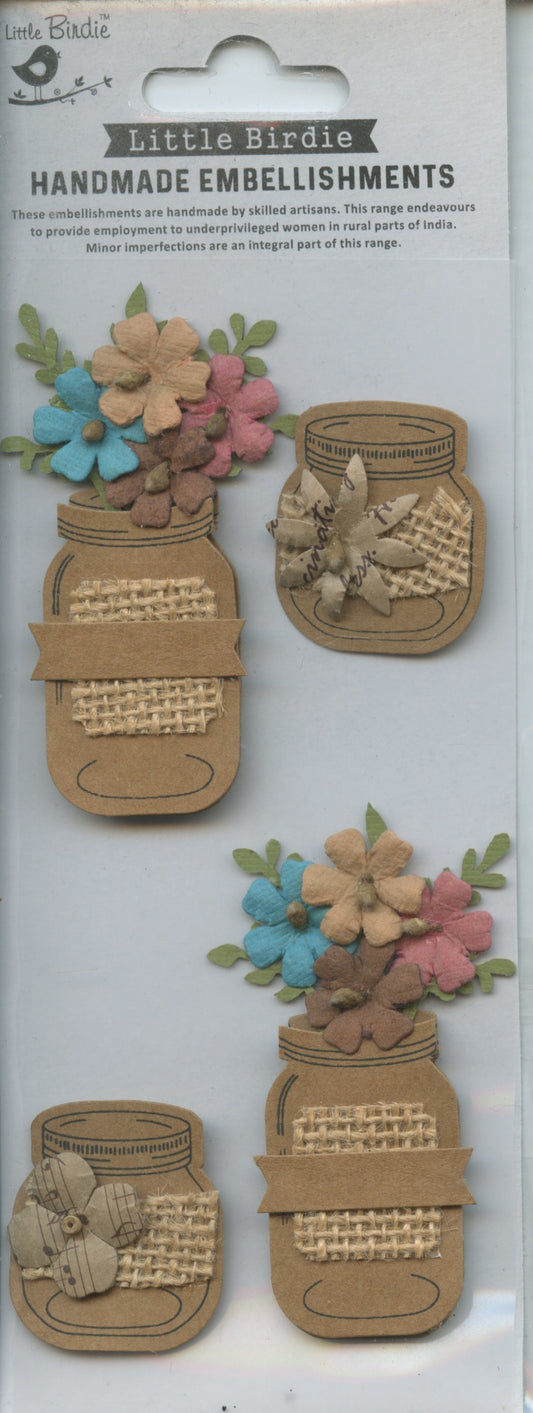 Little Birdie Embellishments - Self Adhesive - Shades of Brown Floral Jars - 4pc