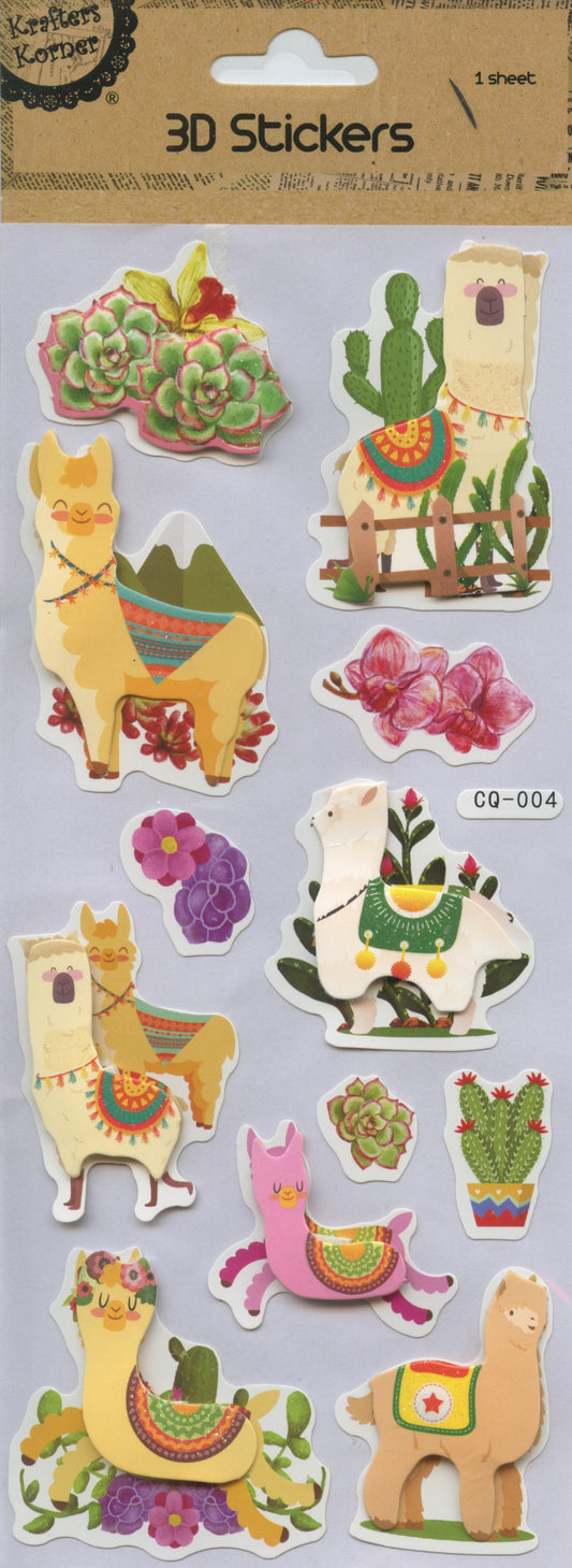 3D Stickers - Llamas With Flowers and Cacti - 12 pc