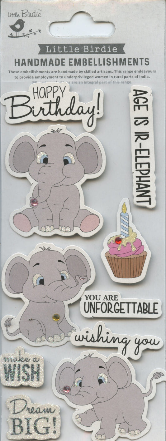 Little Birdie Handmade Embellishments Self/Adh -Elephant Birthday Wishes -10pc