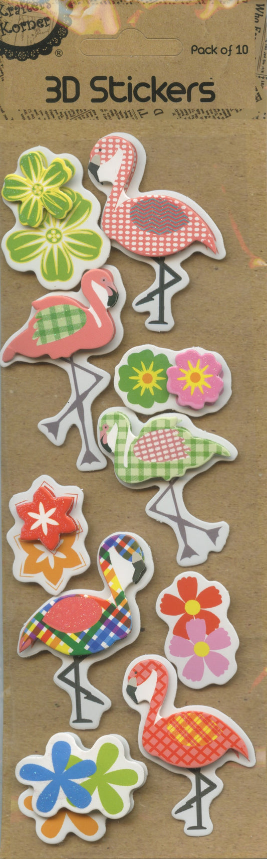 3D Self Adhesive Stickers - Pack of 10 - Fun Flamingoes