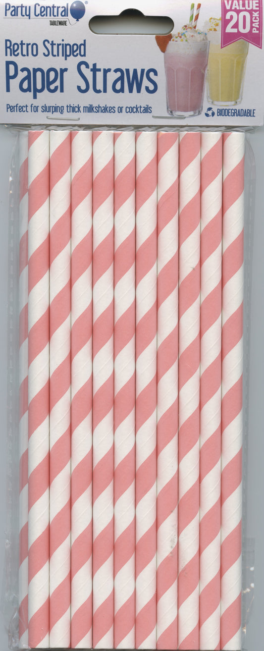 Paper Straws - Pink/White striped - Pack of 20