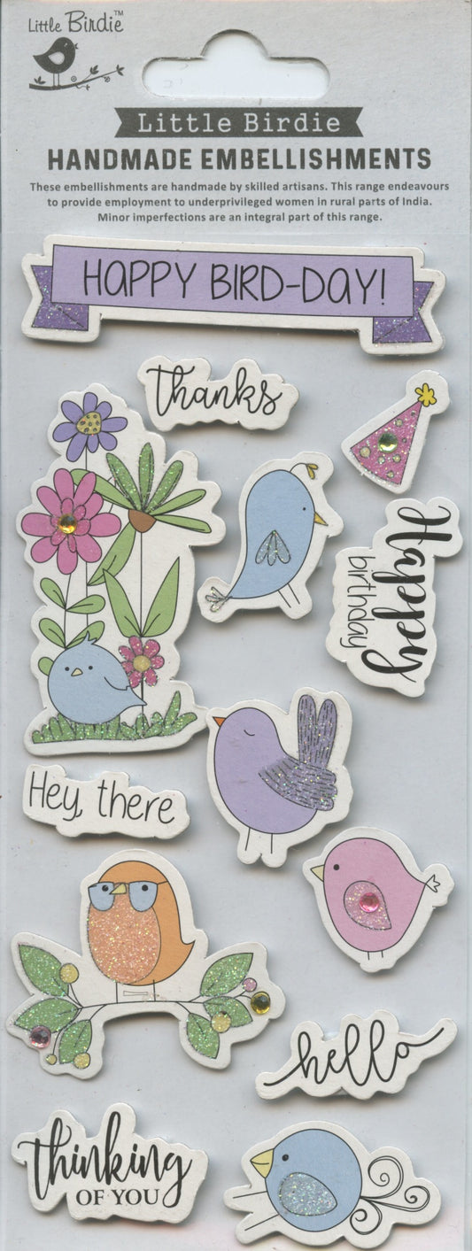 Little Birdie Embellishments - Self Adhesive - Happy Bird Day - 13pc