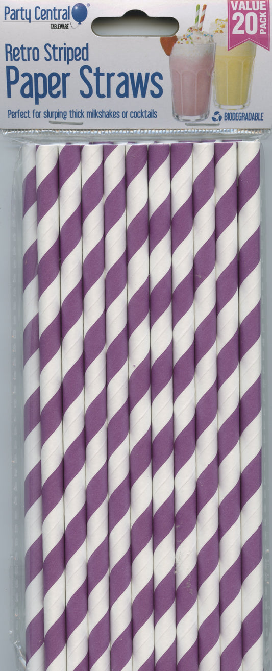 Paper Straws - Purple/White striped - Pack of 20