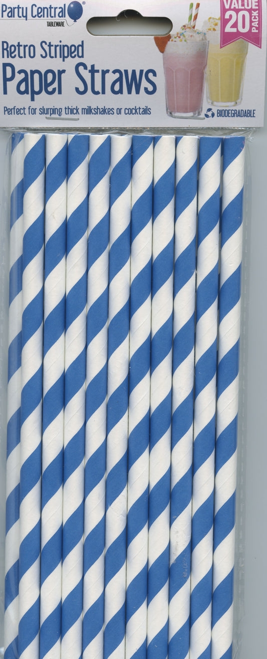 Paper Straws - Blue/White striped - Pack of 20