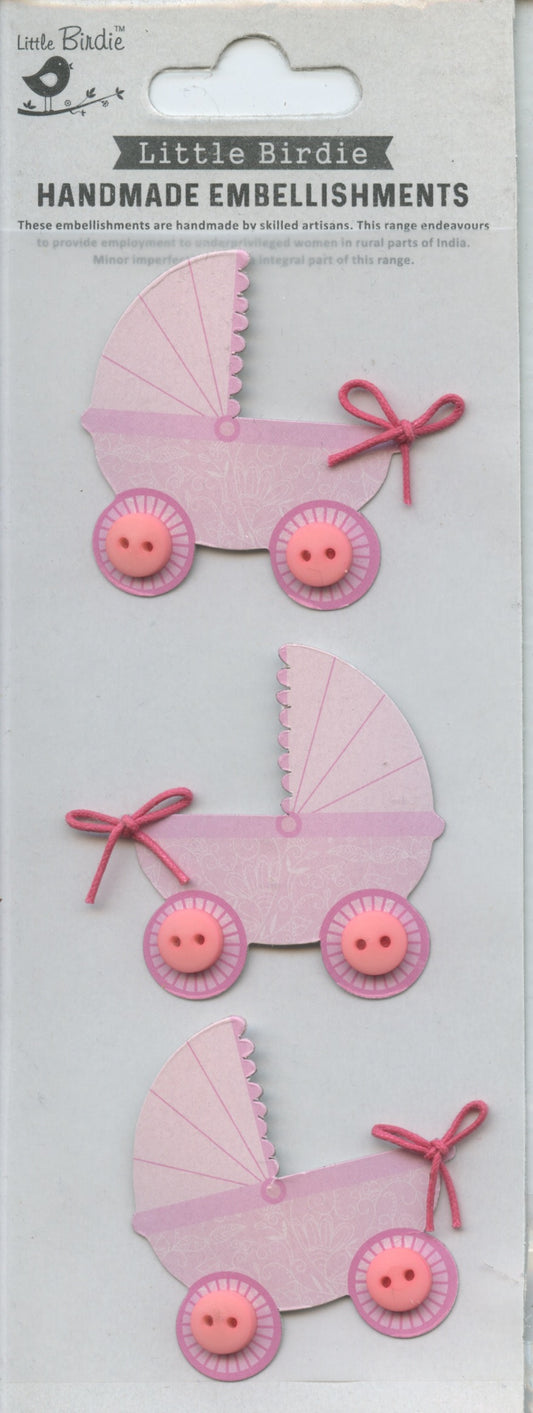 Little Birdie Handmade Embellishments Self/Adh - Pretty Pram - Pink - 3 pc
