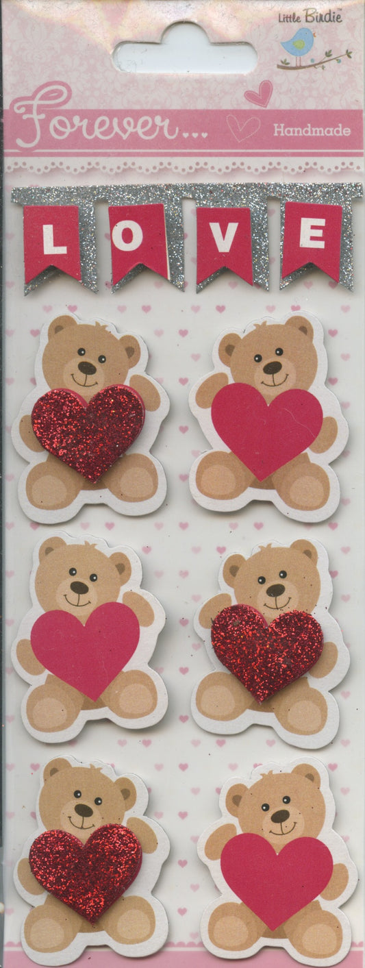 Little Birdie Handmade Embellishments Self/Adh - Valentines Teddy Love - 7pc
