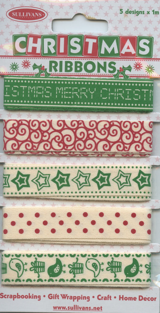Christmas Ribbons - 5 Designs - 1m each - Red/Green/Ivory