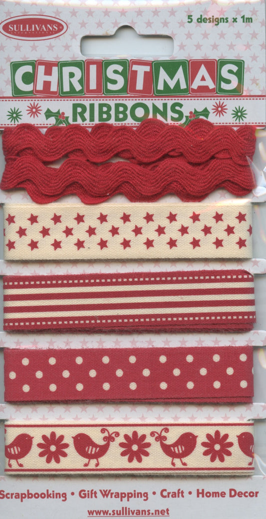 Christmas Ribbons - 6 Designs - 1m each - Red/Ivory