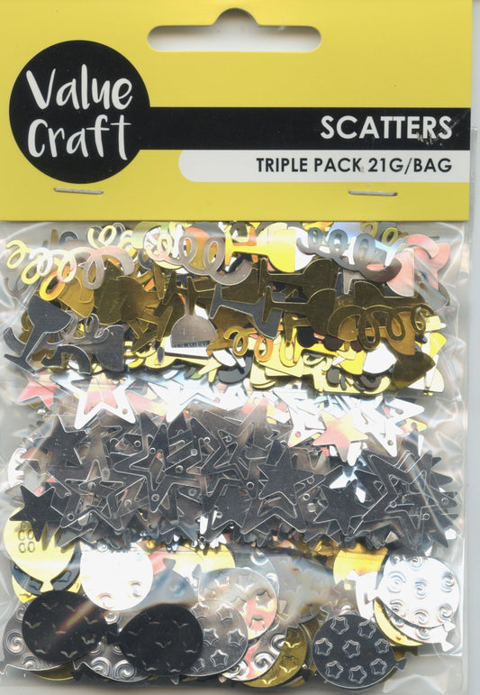 Scatters Party-Triple Pack -Metallic Silver/Gold/Black -21g -Assorted