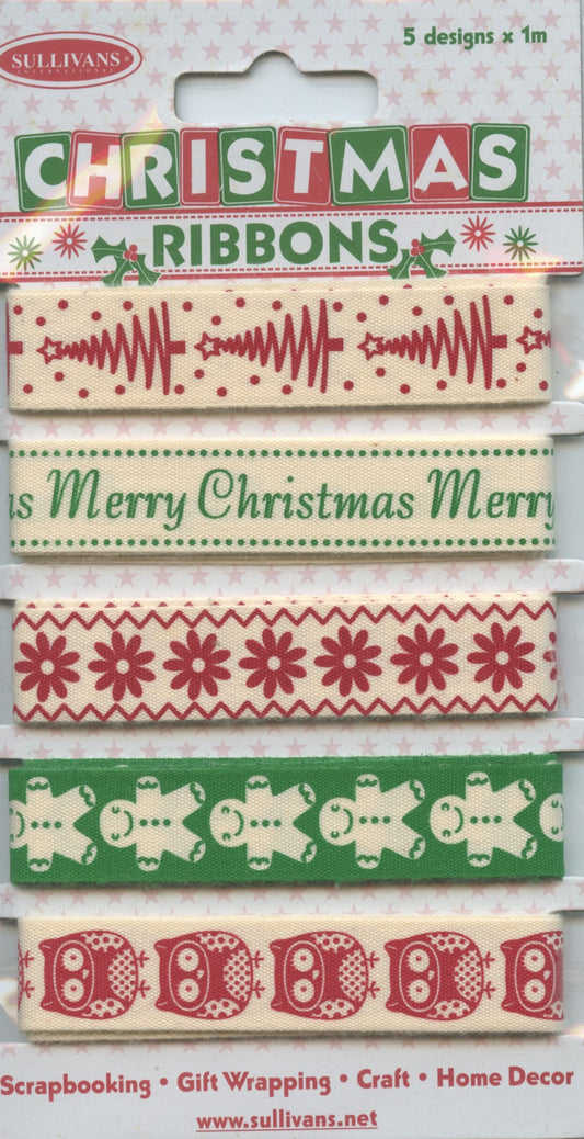 Christmas Ribbons - 5 Designs - Pack #2 - 1m each - Red/Green/Ivory
