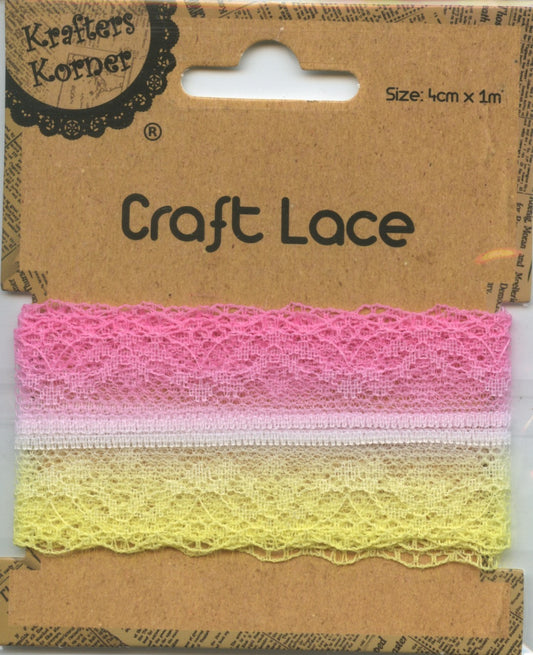 Craft Lace - Pink/White/Lemon - 4cm - Length 1m