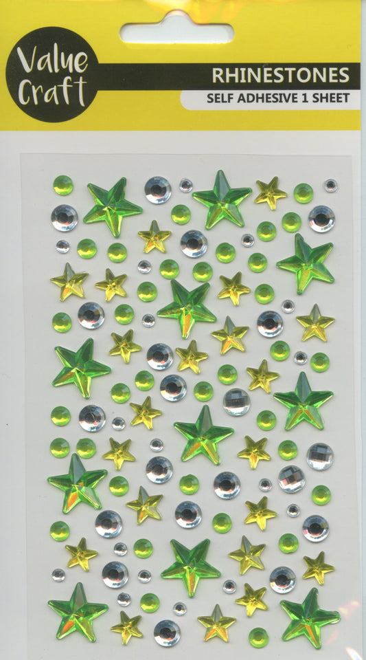 Rhinestones- Green/Yellow/Silver - Stars and Circles - 1 sheet
