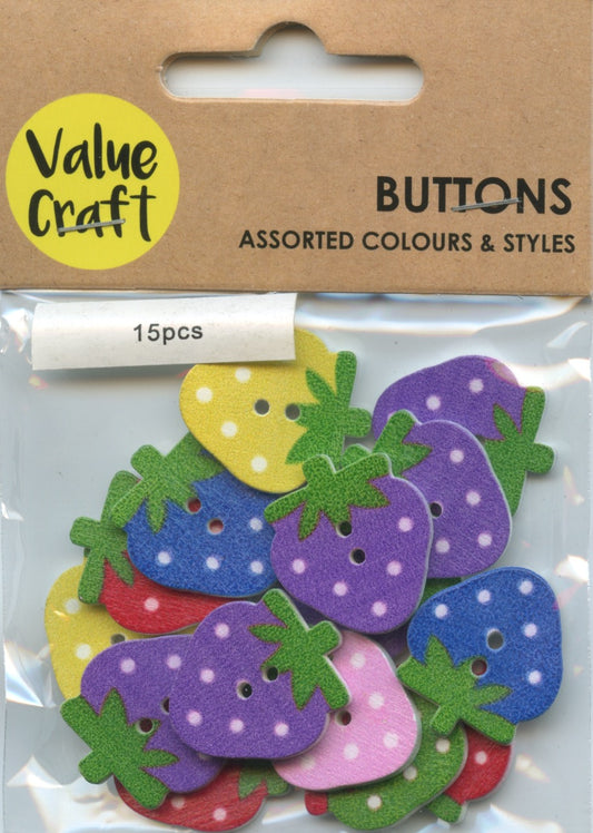 Strawberry Buttons - Pack of 15 - Assorted Colours