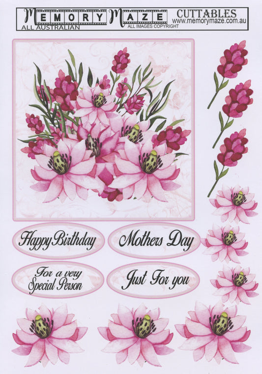 Cuttables Card Toppers - Pink Floral/Mixed wording - 1 sheet