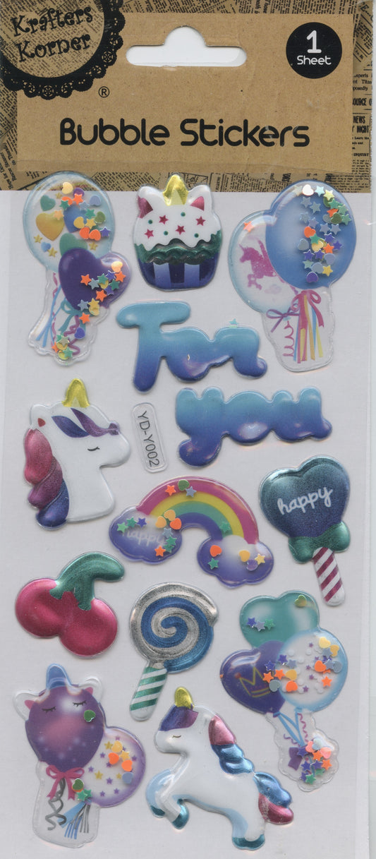 3D Bubble Stickers - Rainbow Party Theme - 1 Sheet - 13 pk