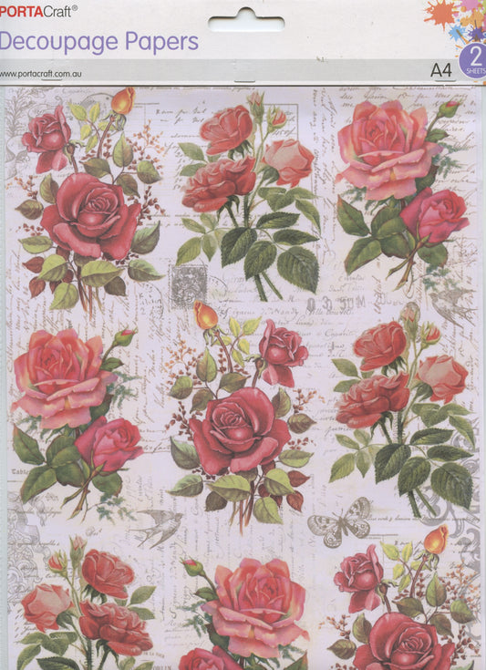 Decoupage Paper - Red Roses - A4 - 2 Sheets