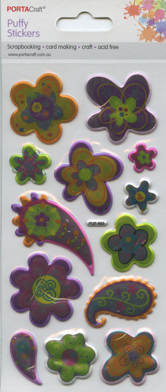 Puffy Stickers - Flower/Paisley Theme - 13 pack