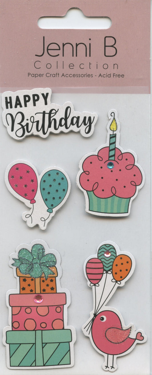 Jenni B Collection 3D Happy Birthday Self Adhesive Embellishments - 5 pc