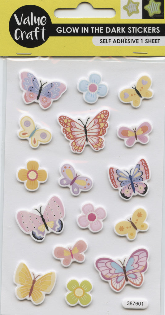 Glow in the Dark - Butterflies and Flowers - 1 Sheet - 16 pcs
