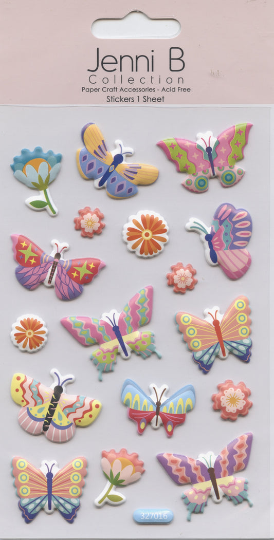 Jenni B - Butterflies and Flowers - Puffy Stickers - 1 Sheet - 17 pcs