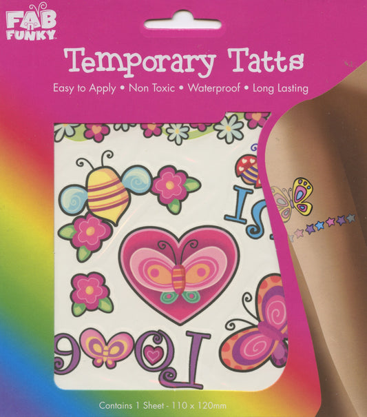Temporary Tattoos - Bumble Bee/Love Heart/Butterfly - 1 Sheet